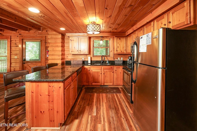 556 Wildwood Forest Way, Sevierville, TN 37876 - kitchen featuring stainless steel appliances, a sink, dark wood-type flooring, a peninsula, and wooden ceiling