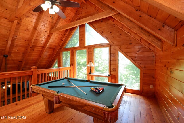 556 Wildwood Forest Way, Sevierville, TN 37876 - playroom featuring ceiling fan, wood-type flooring, wooden ceiling, pool table, and wooden walls