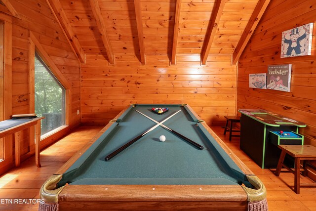 556 Wildwood Forest Way, Sevierville, TN 37876 - playroom featuring light wood-type flooring, billiards, wooden ceiling, and wood walls