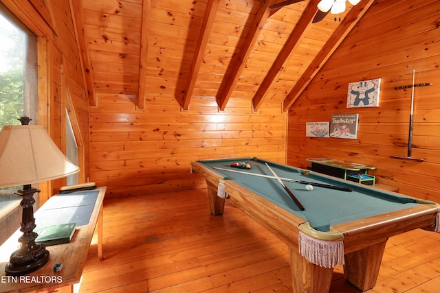 556 Wildwood Forest Way, Sevierville, TN 37876 - recreation room featuring wood ceiling, billiards, hardwood / wood-style floors, wood walls, and ceiling fan