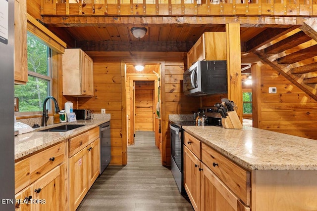 4372 Boogertown Rd Apt 3, Sevierville, TN 37876 - kitchen with stainless steel appliances, a sink, wooden walls, wood finished floors, and wood ceiling