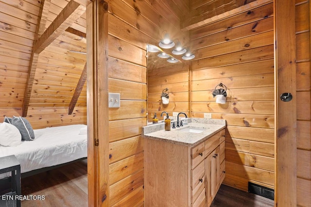 4372 Boogertown Rd Apt 2, Sevierville, TN 37876 - bathroom featuring wooden walls, vanity, wood finished floors, and wood ceiling