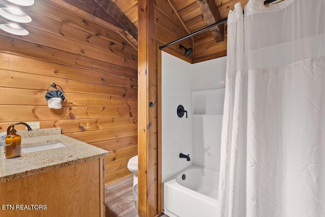 4372 Boogertown Rd Apt 2, Sevierville, TN 37876 - bathroom featuring toilet, wood walls, shower / bath combination with curtain, vanity, and wood finished floors