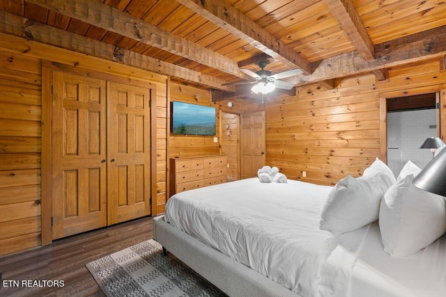 4372 Boogertown Rd Apt 2, Sevierville, TN 37876 - bedroom with wooden ceiling with exposed beams, wooden walls, and wood finished floors