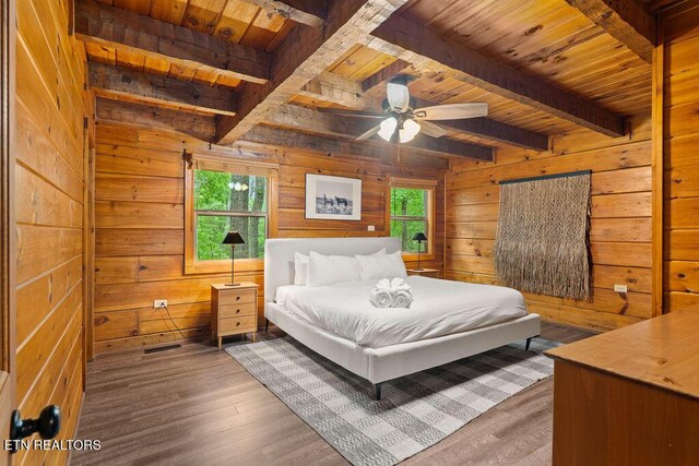 4372 Boogertown Rd Apt 2, Sevierville, TN 37876 - bedroom with wooden ceiling with exposed beams, wood walls, and wood finished floors
