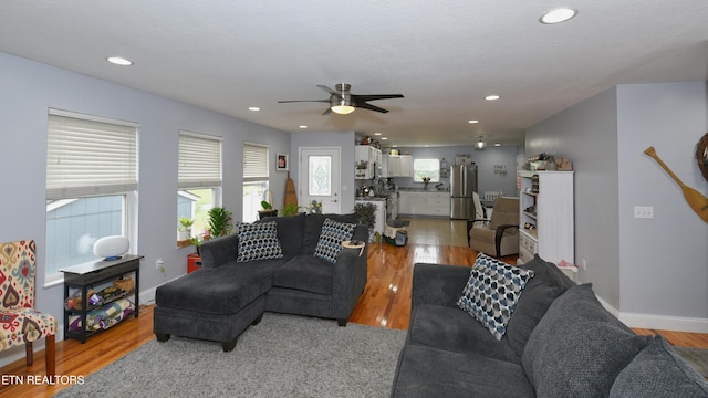 106 Alfred Mccammon Rd, Maryville, TN 37804 - living room featuring ceiling fan, light wood-style floors, recessed lighting, and baseboards