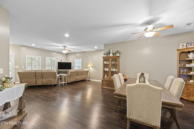 376 Old Holderford Rd, Kingston, TN 37763 - dining area with a ceiling fan, dark wood-type flooring, recessed lighting, and baseboards