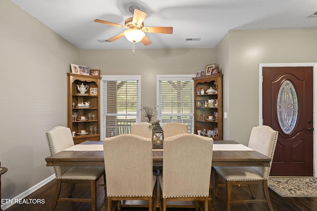 376 Old Holderford Rd, Kingston, TN 37763 - dining space featuring ceiling fan, dark wood-style floors, and baseboards