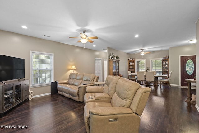 376 Old Holderford Rd, Kingston, TN 37763 - living room featuring a ceiling fan, baseboards, dark wood finished floors, and recessed lighting
