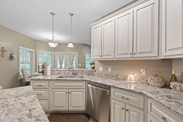 376 Old Holderford Rd, Kingston, TN 37763 - kitchen with stainless steel dishwasher, a sink, white cabinetry, hanging light fixtures, and light stone countertops