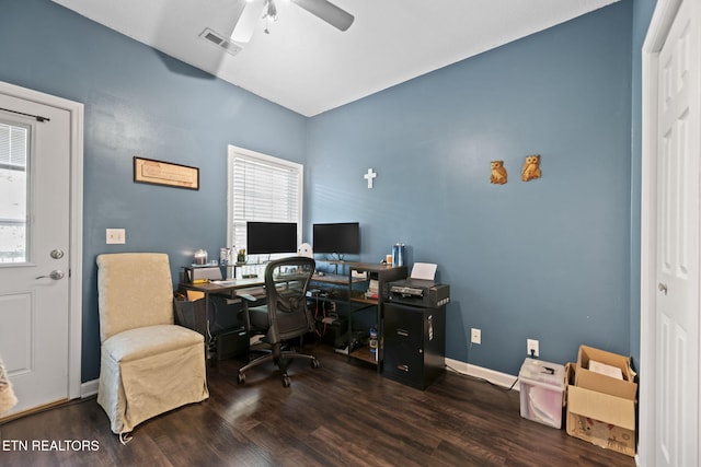 376 Old Holderford Rd, Kingston, TN 37763 - office with ceiling fan, wood finished floors, and baseboards