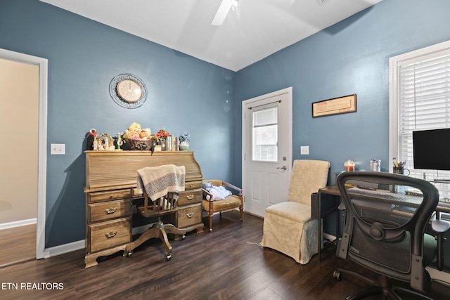 376 Old Holderford Rd, Kingston, TN 37763 - office area with wood finished floors, a ceiling fan, vaulted ceiling, and baseboards