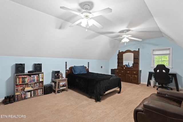 376 Old Holderford Rd, Kingston, TN 37763 - bedroom featuring light colored carpet, vaulted ceiling, and ceiling fan