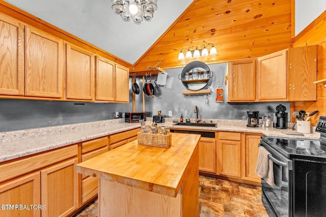 1513 Tyler Way, Sevierville, TN 37876 - kitchen with black range with electric stovetop, a sink, wooden counters, lofted ceiling, and stone finish floors