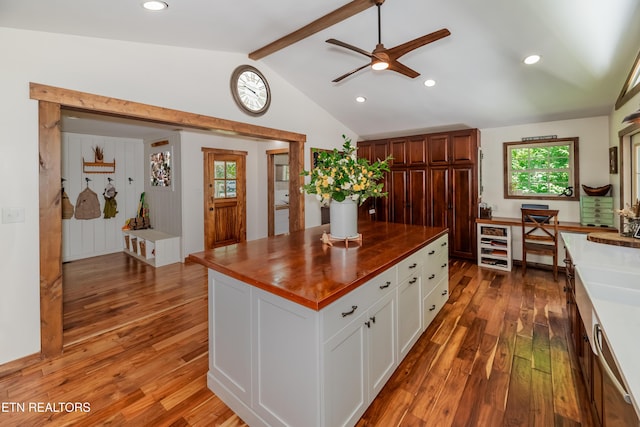 1932 Duncan Rd, Knoxville, TN 37919 - kitchen featuring wood finished floors, white cabinetry, ceiling fan, recessed lighting, and wooden counters