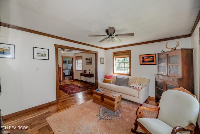 1932 Duncan Rd, Knoxville, TN 37919 - living area featuring a ceiling fan, baseboards, wood finished floors, and a textured ceiling