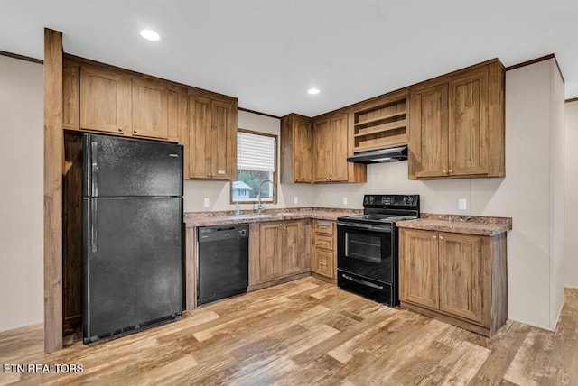 3841 Mcbroom Chapel Rd, Cookeville, TN 38501 - kitchen featuring black appliances, under cabinet range hood, open shelves, light wood-style floors, and recessed lighting