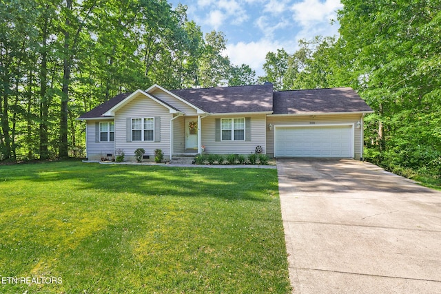 3021 Shawnee Rd, Crossville, TN 38572 - ranch-style home with an attached garage, concrete driveway, a front lawn, and crawl space