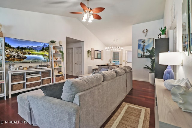 3021 Shawnee Rd, Crossville, TN 38572 - living area featuring vaulted ceiling, a ceiling fan, wood finished floors, and a chandelier