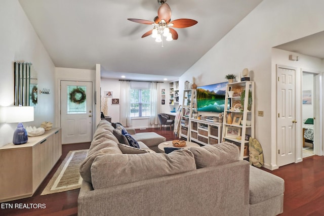 3021 Shawnee Rd, Crossville, TN 38572 - living room with wood finished floors, vaulted ceiling, and ceiling fan