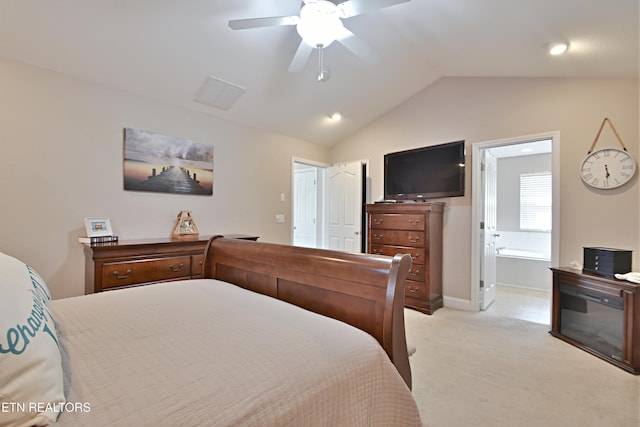 5821 Matalin Ln, Knoxville, TN 37918 - bedroom featuring lofted ceiling, light carpet, a ceiling fan, connected bathroom, and baseboards