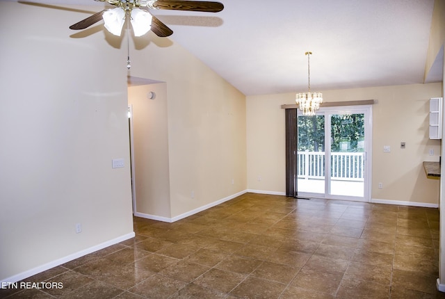 247 Lakeview Dr, Crossville, TN 38558 - spare room with lofted ceiling, ceiling fan, baseboards, a chandelier, and stone finish floors