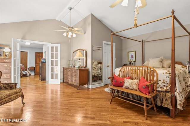 5912 New Beaver Creek Dr, Knoxville, TN 37931 - bedroom with high vaulted ceiling, french doors, wood finished floors, beamed ceiling, and ceiling fan