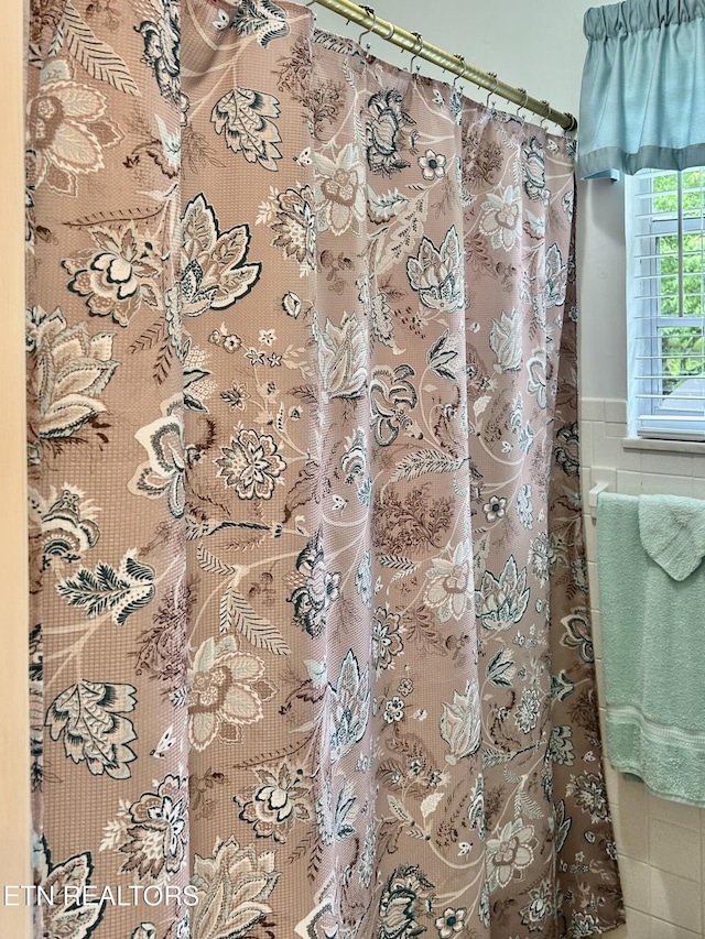 762 Commanche Dr, Jefferson City, TN 37760 - bathroom view of tile walls, a wainscoted wall, and a shower with curtain