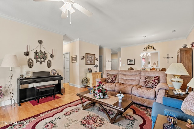 7830 Thomas Henry Way, Knoxville, TN 37938 - living area with a chandelier, light wood-style floors, a ceiling fan, ornamental molding, and baseboards