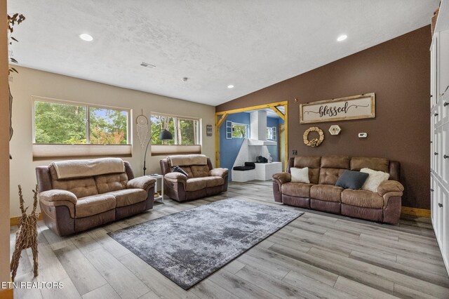 2115 Riverview Dr, Dandridge, TN 37725 - living area featuring wood finished floors, recessed lighting, vaulted ceiling, and a textured ceiling