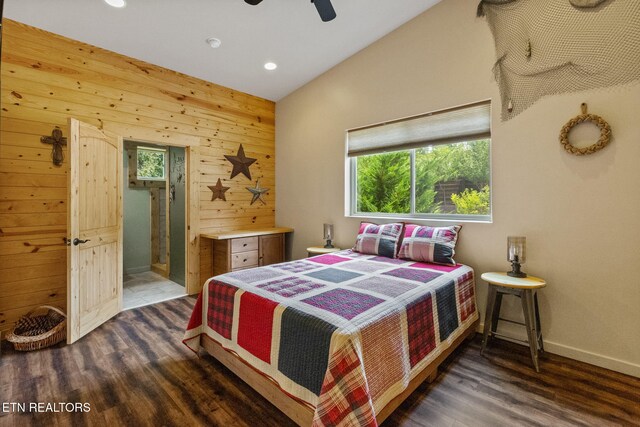 2115 Riverview Dr, Dandridge, TN 37725 - bedroom with vaulted ceiling, wood finished floors, wooden walls, baseboards, and recessed lighting