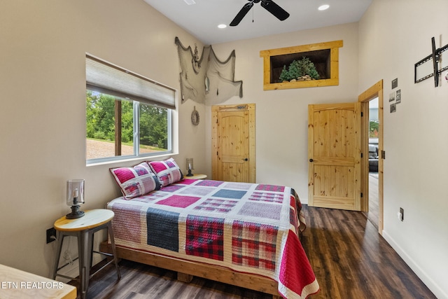 2115 Riverview Dr, Dandridge, TN 37725 - bedroom featuring wood finished floors, a towering ceiling, recessed lighting, baseboards, and ceiling fan