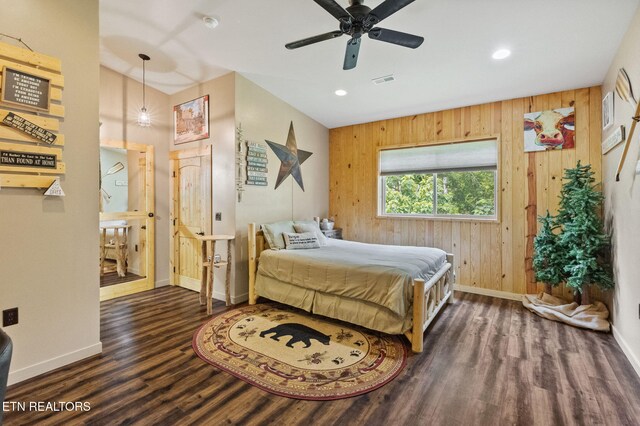 2115 Riverview Dr, Dandridge, TN 37725 - bedroom with baseboards, wood finished floors, wooden walls, and recessed lighting