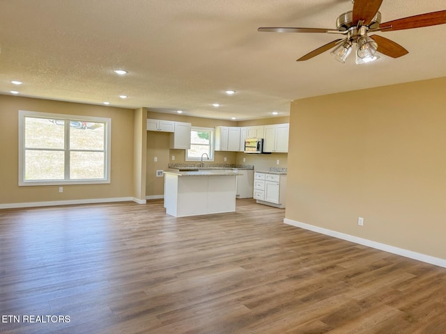 294 Mountain Perkins Ln, Jacksboro, TN 37757 - kitchen featuring stainless steel microwave, open floor plan, white cabinets, recessed lighting, and a textured ceiling