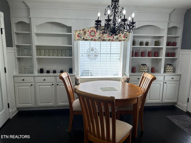 133 Coolidge Rd, Lafollette, TN 37766 - dining room featuring a chandelier, dark wood-style flooring, ornamental molding, and built in features