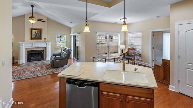 4921 Willow Bluff Cir, Knoxville, TN 37914 - kitchen with dishwasher, a sink, dark wood-type flooring, brown cabinets, and a high end fireplace
