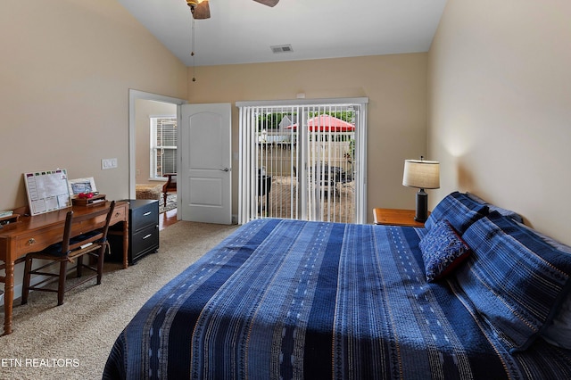 4921 Willow Bluff Cir, Knoxville, TN 37914 - carpeted bedroom with access to outside, lofted ceiling, and ceiling fan