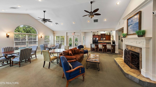 4921 Willow Bluff Cir, Knoxville, TN 37914 - living area featuring ceiling fan, light colored carpet, high vaulted ceiling, a high end fireplace, and recessed lighting