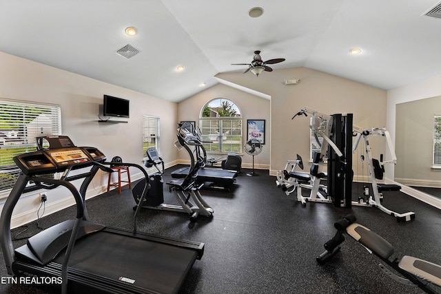 4921 Willow Bluff Cir, Knoxville, TN 37914 - gym with ceiling fan, vaulted ceiling, baseboards, and recessed lighting