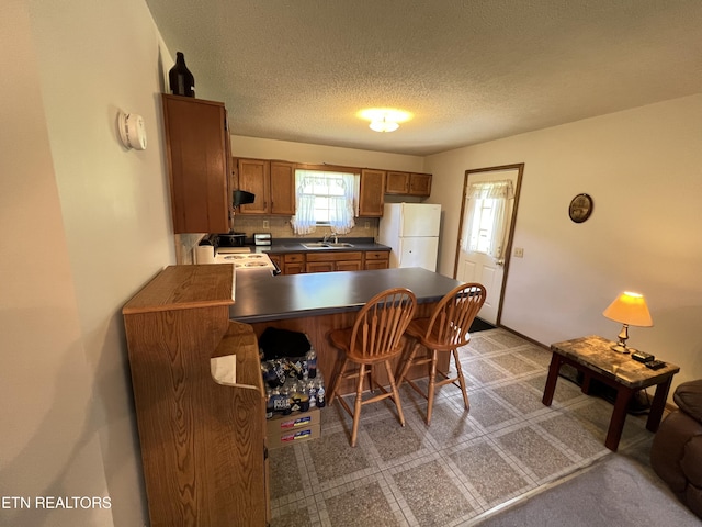 243 Choctaw Ln, Niota, TN 37826 - kitchen featuring white appliances, a sink, brown cabinetry, dark countertops, and a peninsula