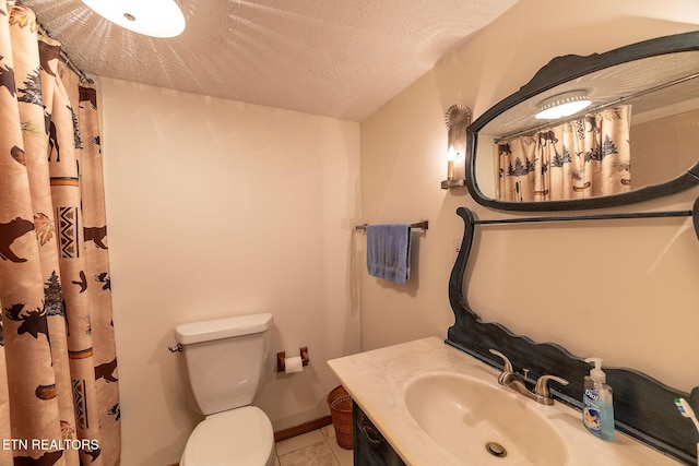 258 Marina Ln, Lafollette, TN 37766 - bathroom featuring vanity, toilet, tile patterned floors, a textured ceiling, and a shower with curtain