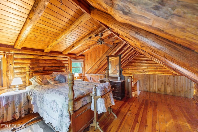 258 Marina Ln, Lafollette, TN 37766 - bedroom with wood-type flooring, wooden ceiling, wooden walls, and log walls