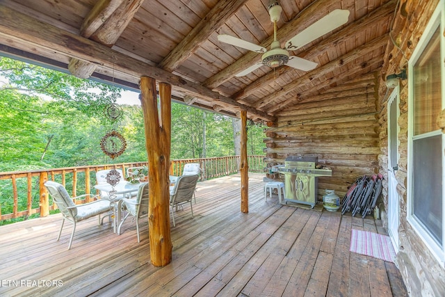 258 Marina Ln, Lafollette, TN 37766 - wooden terrace featuring a grill, ceiling fan, and outdoor dining area