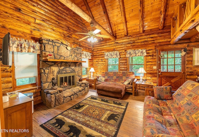 258 Marina Ln, Lafollette, TN 37766 - living area featuring wooden ceiling, rustic walls, wood-type flooring, a fireplace, and ceiling fan