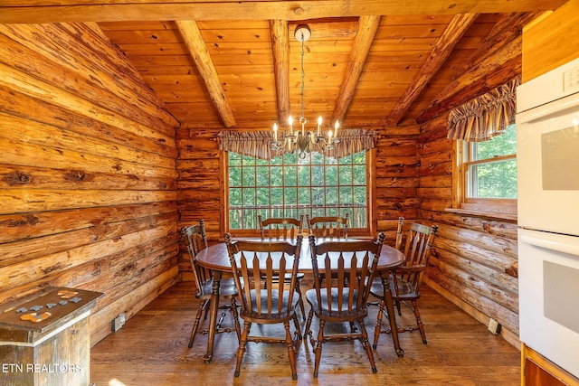258 Marina Ln, Lafollette, TN 37766 - dining room with a chandelier, wooden ceiling, hardwood / wood-style floors, and log walls