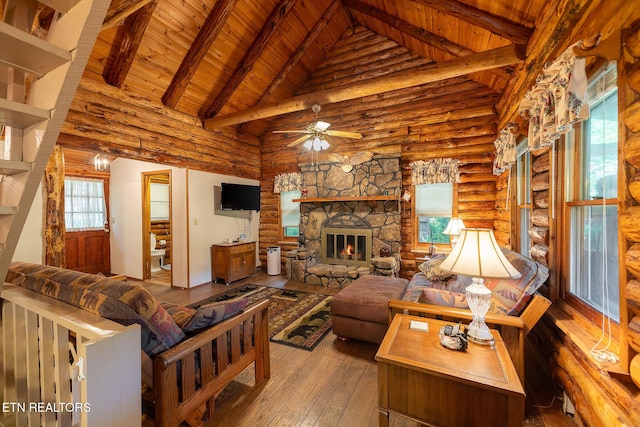 258 Marina Ln, Lafollette, TN 37766 - living room featuring a fireplace, high vaulted ceiling, ceiling fan, hardwood / wood-style flooring, and wood ceiling with exposed beams