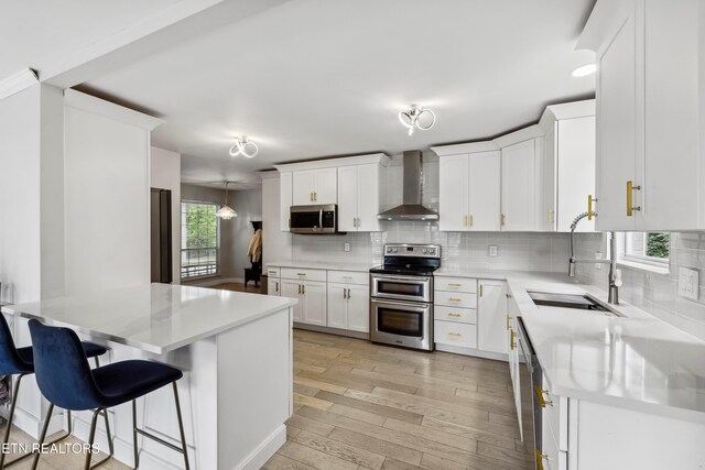 10628 Sandpiper Ln, Knoxville, TN 37922 - kitchen with stainless steel appliances, a sink, wall chimney exhaust hood, white cabinetry, and tasteful backsplash