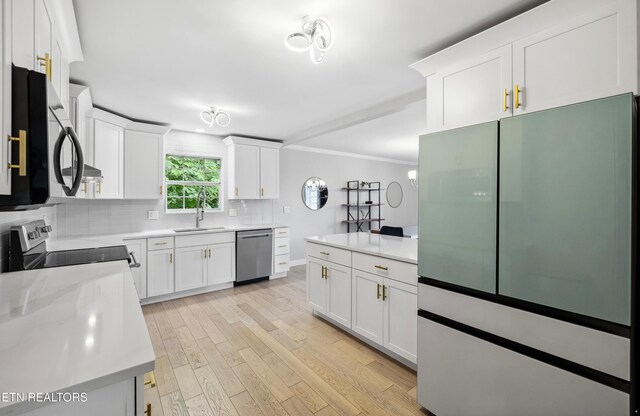 10628 Sandpiper Ln, Knoxville, TN 37922 - kitchen with appliances with stainless steel finishes, a sink, ornamental molding, backsplash, and white cabinetry
