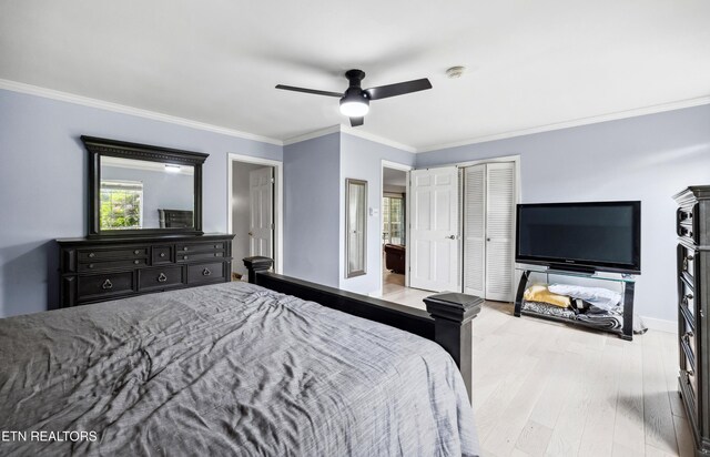 10628 Sandpiper Ln, Knoxville, TN 37922 - bedroom with ornamental molding, light wood-style flooring, baseboards, a closet, and a ceiling fan