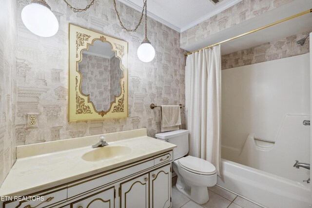 10628 Sandpiper Ln, Knoxville, TN 37922 - bathroom with toilet, ornamental molding, wallpapered walls, vanity, and tile patterned flooring